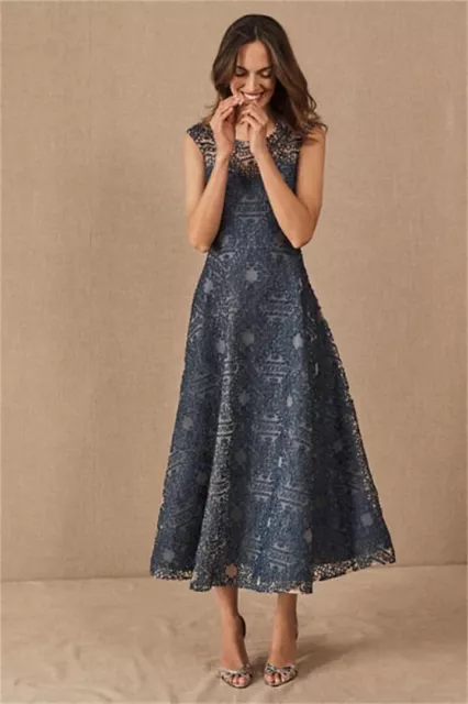 BHLDN Presley Sara Emanuel Blue Embroidery Sleeveless Midi Dress $380 Sz 4