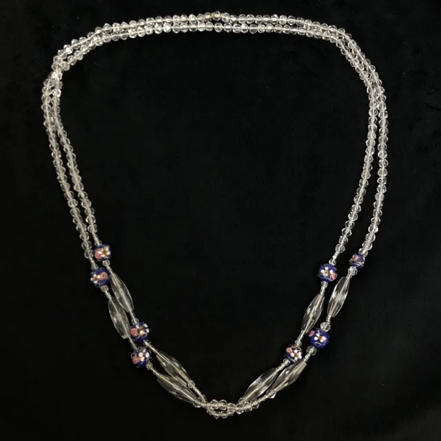 Vintage Transparent & Royal Blue & Gold Glass 52" Bead Necklace
