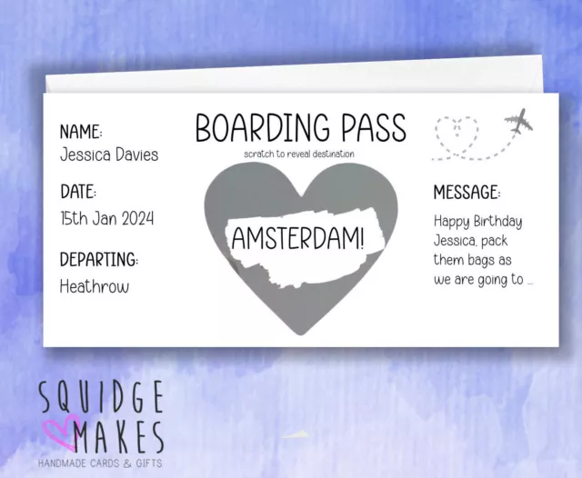 Personalised Boarding Pass Surprise scratch off Trip Reveal Gift iou holiday