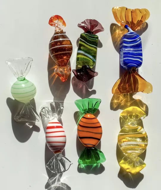 Hand Blown Murano Style Art Glass Wrapped Candy Pieces EUC - Lot of 7 - Vintage