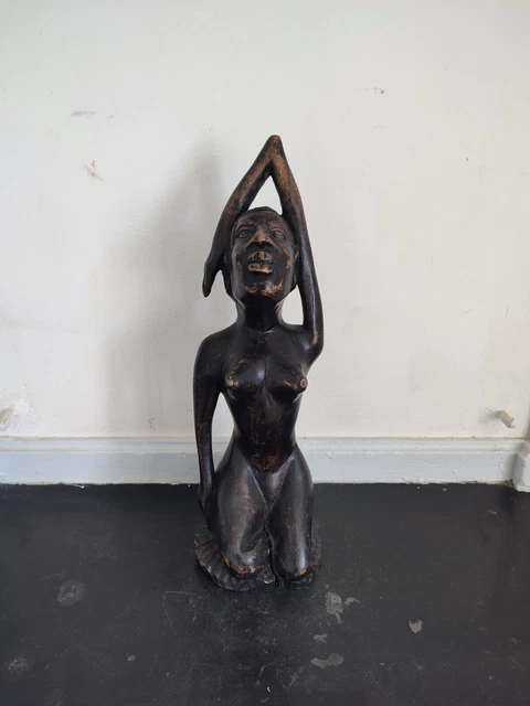 Statuette abstraite Penseur h30cm - Bois blanc cérusé massif sculpté
