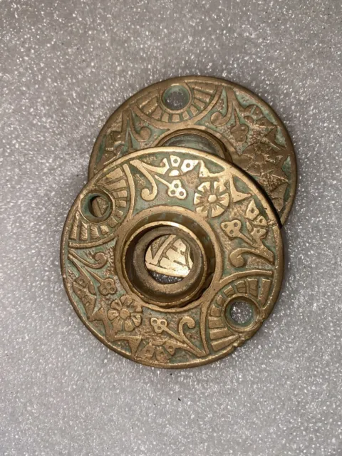 Antique Pair Of Fancy Ornate Victorian Bronze Doorknob Rosettes