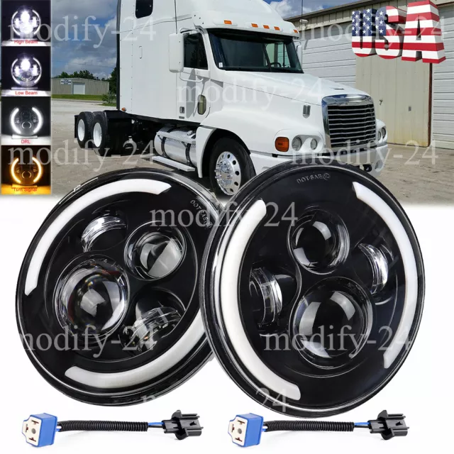 Pair Fit Freightliner Century Class 7inch Round LED Headlights Hi/Lo Beam Light