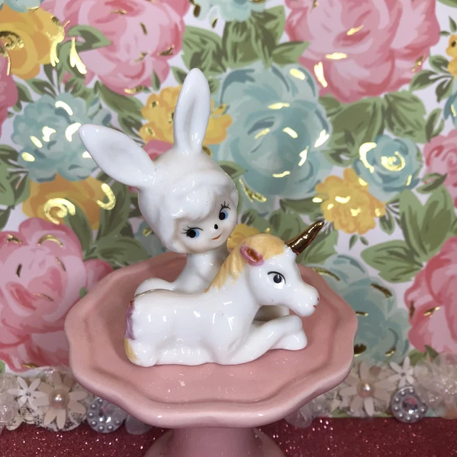 VTG WHITE BUNNY Pixie With Unicorn Bone China Easter Figurine Napco? Tr