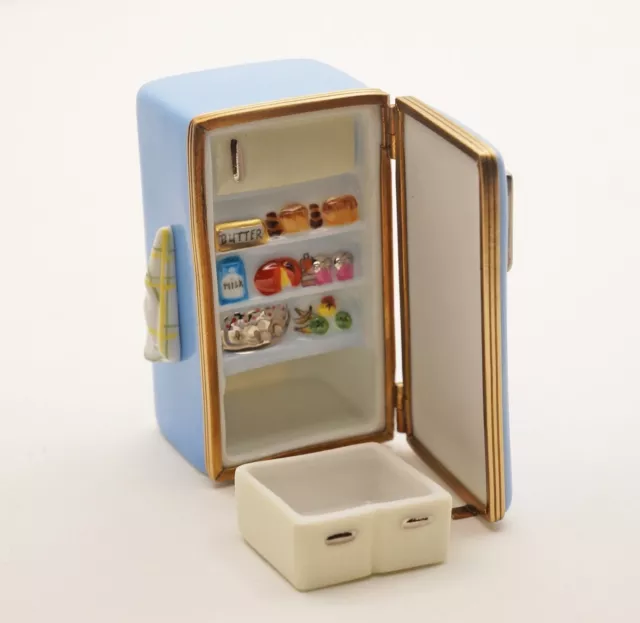 New French Limoges Trinket Box Fridge Refrigerator w Food Kitchen Towel & Drawer