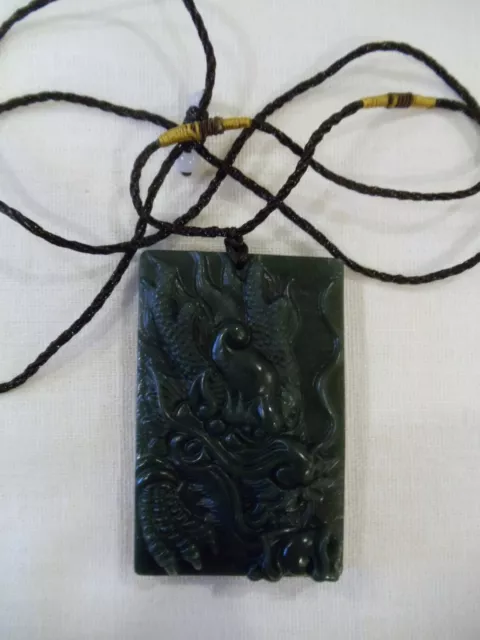 Chinese Finely Carved Green Jade Dragons Head Pendant / Plaque