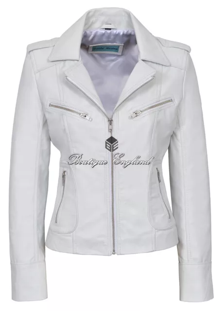 RIDER Ladies Real Leather Jacket White Soft Napa Biker Motorcycle Style 9823