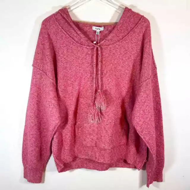 NWT Fate Pink Oversized Hooded Speckled Pull Over Pom Pom sweater size Medium