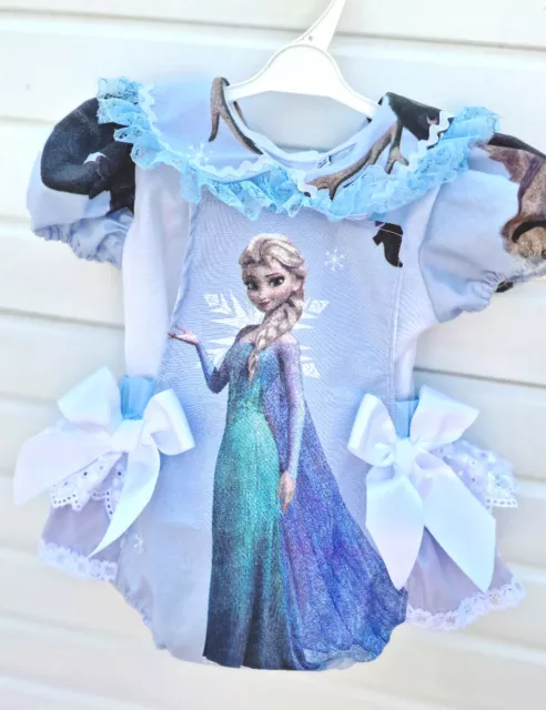 DREAM SALE 0-5  years BABY GIRLS frozen Elsa  white BLOUSE AND FRILLY BUM ROMPER