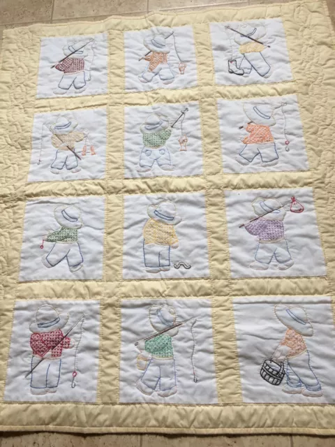 Baby Quilt Handmade Embroidered Crib Patchwork 40"x37" Boy Fishing Vintage