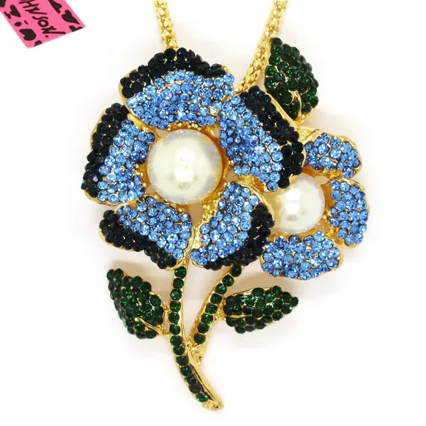 Hot Holiday gifts  Blue Bling Two Flower Pearl Crystal Pendant Women Necklace