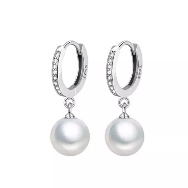 925 Sterling Silver Crystal Huggie Hoop Earrings Pearl Dangle Women Earrings