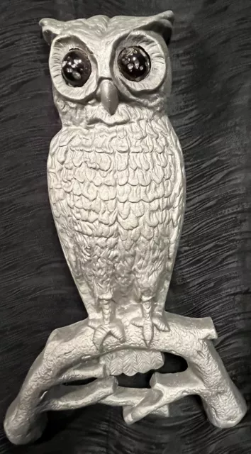vtg Cast Aluminum Owl and iron wall decor Glass orange eyes 14.5 in Tall