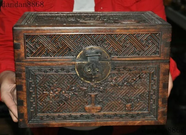 Old China Huanghuali Wood Carved rose flower dynasty Jewelry Box Treasure Boxes