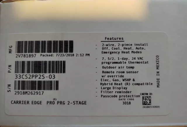 Carrier Edge Pro PRG 2-Stage 33CS2PP2S-03 Programmable Thermostat NEW IN BOX
