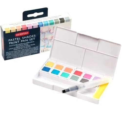 Juego de 12 acuarelas opacas y cepillo de viaje de tonos pastel Derwent.