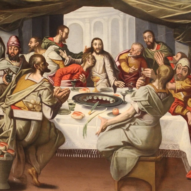 ANTICO QUADRO FIAMMINGO ultima cena dipinto religioso XVI secolo olio ...