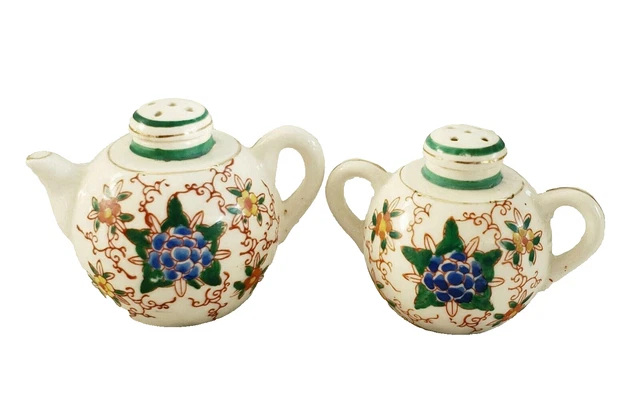 Vintage Floral Teapot Pitcher Salt & Pepper Shakers Japan Hand Painted Ceramic