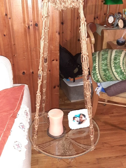 Vintage Mid Century Hangling Glass Macrame Table - Plant Shelf- Perfect!