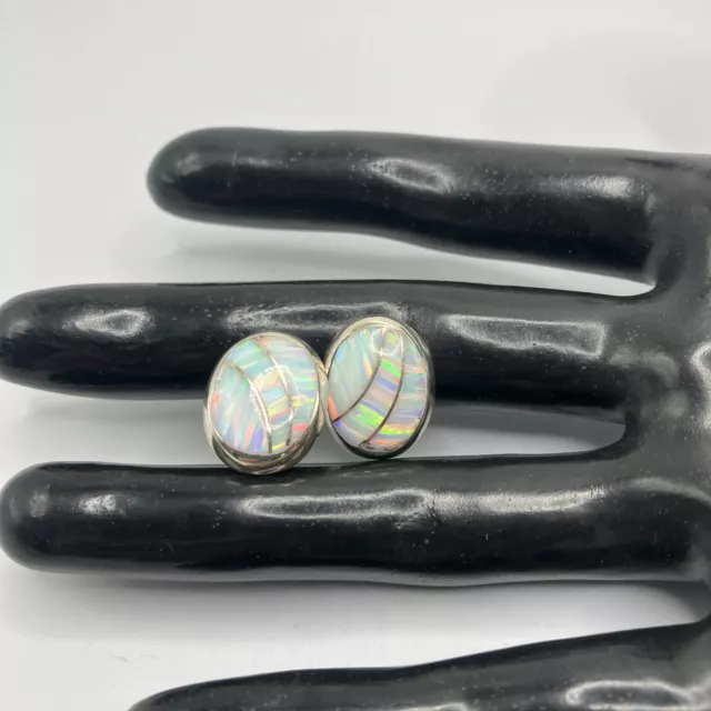 Stunning Mexico 950 Sterling Inlaid Opal Stud Earrings.3.8 Grams.signed Escorcia