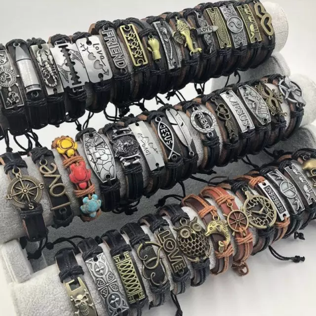 30pcs Mixed Styles Vintage mens Alloy leather Cuff Bracelets Jewelry Wholesale