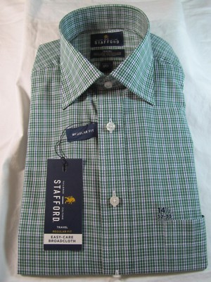 NWT STAFFORD EASY CARE BROADCLOTH DRESS SHIRT Reg. Fit, Green Grid Check