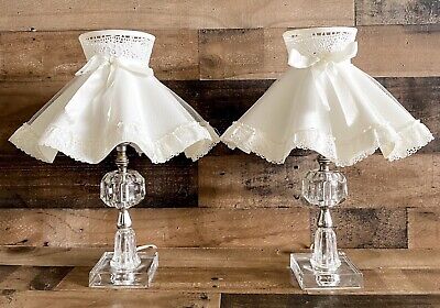 Vtg Lamp Set 2 Leviton Crystal Clear Cut Glass Table Lamps w/ Shades MCM Works