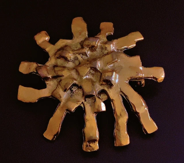 Broche Vintage Micris Paris XXL En étain Doré - Motif Branche De Feuilles De Chêne Et Verre