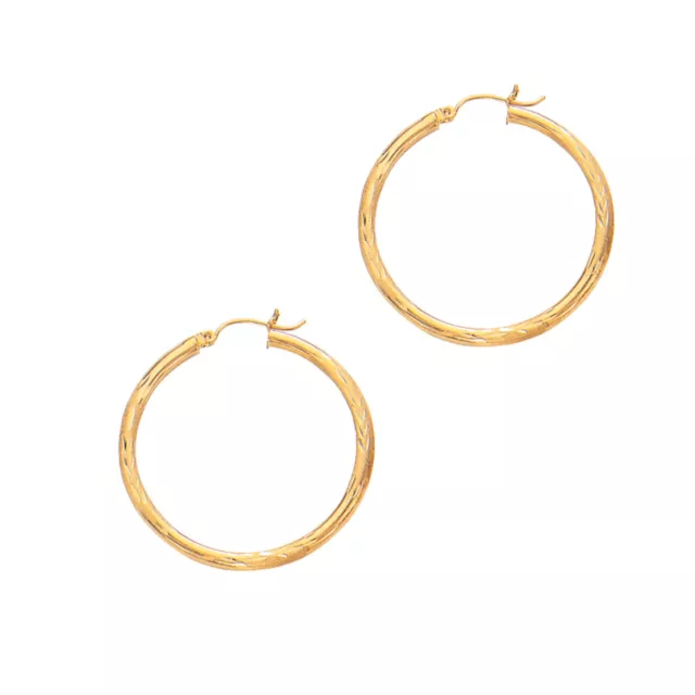14k Yellow Gold 2mm X 25mm Shiny Diamond Cut V Pattern Round Tube Hoop Earrings