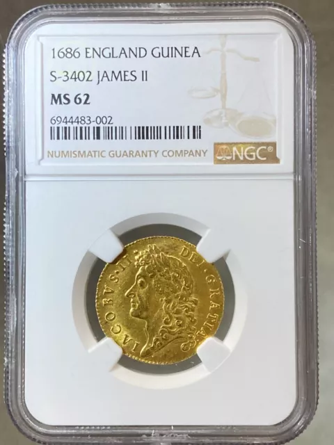 1686 Gold Guinea, James II, slabbed by NGC MS62