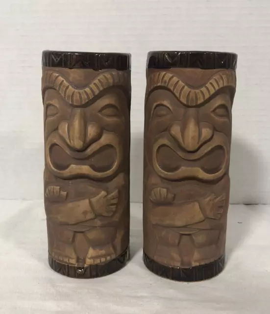 Set of 2 VintageTiki Tumblers Otagiri Luau Hut Crossed Arms Pottery MCM Decor