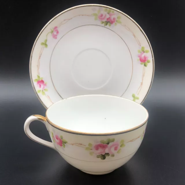 Nippon Rose Flowers Hand Painted Tea Cup and Saucer Pink 1930 -1940 Dainty