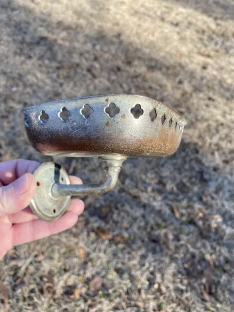 Antique Wall Mount Soap Dish Nickel Over Brass Pierced Cut Quadrafoil Patina