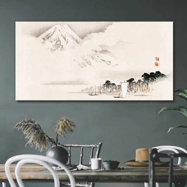 Murale Tableau sur Toile 120x60 Peinture Asiatique Montagne Bateaux Nuages Gakan