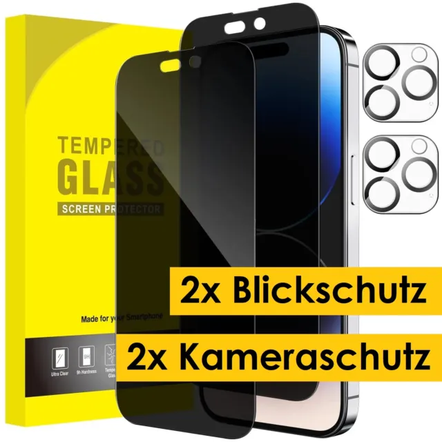 2x Blickschutzfolie Sichtschutzglas für iPhone 15 14 13 12 11 + 2x Kameraschutz