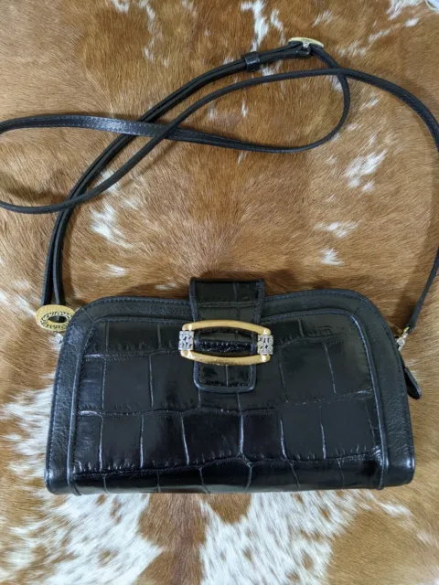 Vintage BRIGHTON Black Croc Embossed Leather Wallet Purse Crossbody Bag