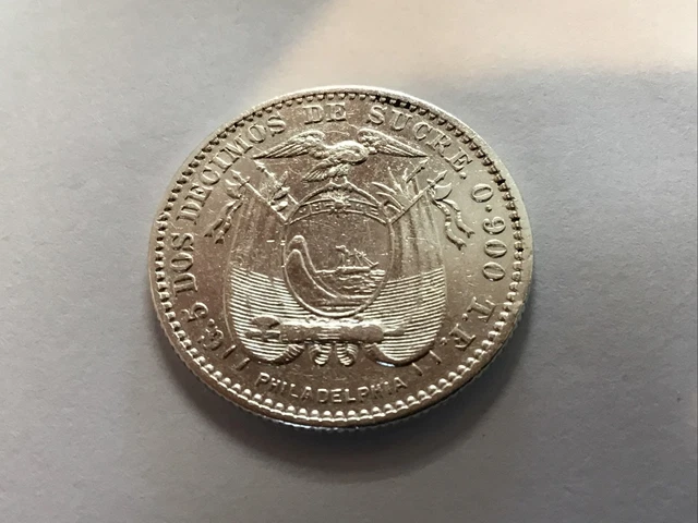 1895 T. F. ECUADOR  2 Decimos De Sucre KM-51.4 Silver Minted Philadelphia ￼USA