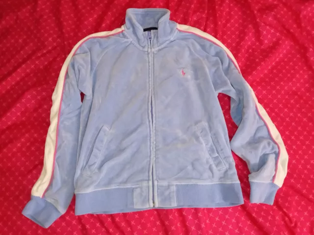 Ralph Lauren Girls Velour track suit jacket, zip-up, blue w/white/pink Size 8-10