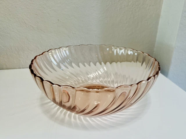 Vintage Arcoroc France Large Pink Swirl Scalloped Edge Glass Bowl 9"