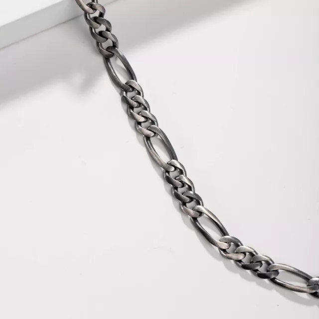 925 Sterling Silver Mens Figaro Solid Chain Necklace Italy, Gunmetal Titanium