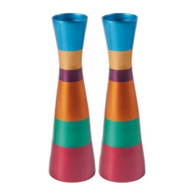 Yair Emanuel Anodized Multi-Colored Ringed Candlesticks for Shabbat, Decoration