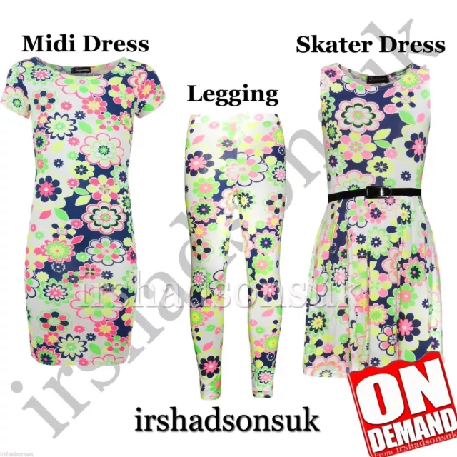 Bambine Neon Stampa Floreale Moda Legging Skater Midi Abito Top Corto 7-13 Anni