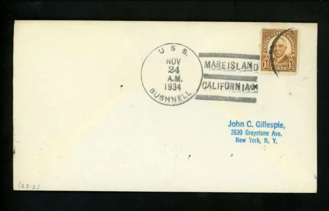 US Naval Ship Cover USS Bushnell AS-2 Pre WWII 11/24/1934 Mare Island CA