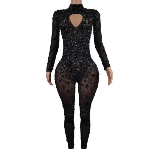 Sexy Perspective Rhinestone Jumpsuit Tights Nightclub Singer Stage Performance