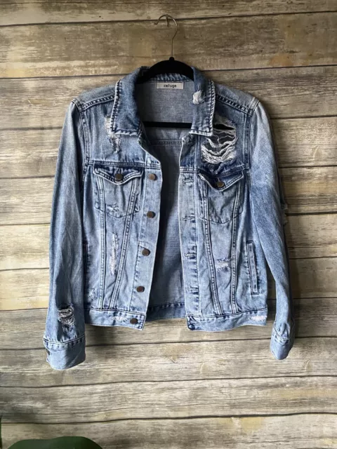 Refuge Denim Jean Jacket Womens Light Wash Blue Distressed Size Small