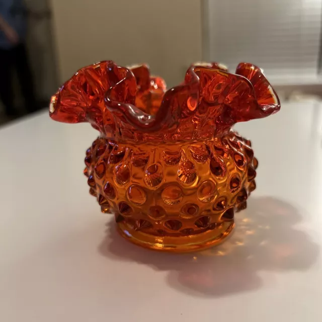 Vintage Fenton Art Glass Red Orange Hobnail Ruffled Vase 3" Tall Mid Century