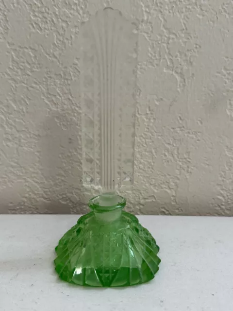 Vintage Czech Glass or Crystal Green & Clear Perfume Bottle w/ Tall Stopper