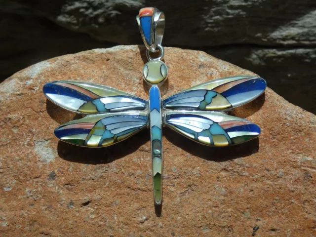 Dragonfly Handcrafted Multi Gemstone Sterling Silver 925 Nice XL Pendant NEW V73