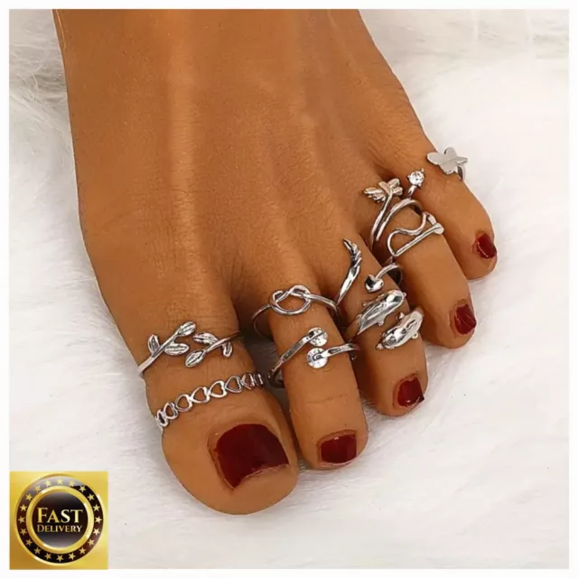 Womens Toe Rings Silver 9 Peice Set Charms Fashion Boho