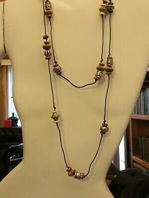Extra Long Beaded NECKLACE- Multi Colored Artistic BRASS Copper Statement 60"